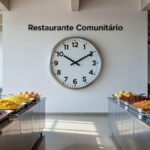 Restaurante comunitário no Distrito Federal com relógio marcando 20 minutos, representando redução no tempo de espera.