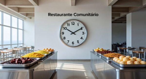 Restaurante comunitário no Distrito Federal com relógio marcando 20 minutos, representando redução no tempo de espera.
