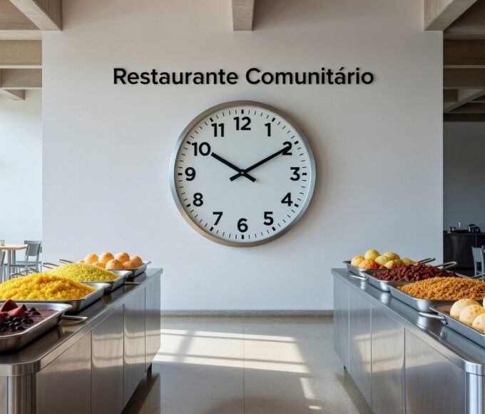 Restaurante comunitário no Distrito Federal com relógio marcando 20 minutos, representando redução no tempo de espera.