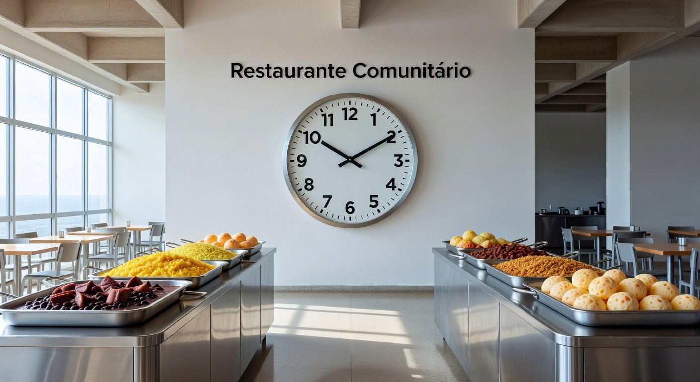Restaurante comunitário no Distrito Federal com relógio marcando 20 minutos, representando redução no tempo de espera.