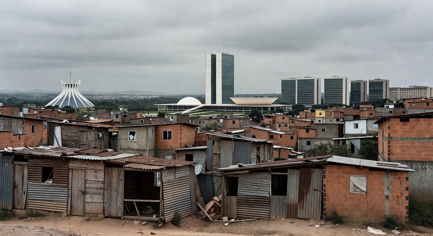 Área residencial precária em Recanto das Emas, DF, com casas improvisadas e igreja católica ao fundo, destacando déficit habitacional.