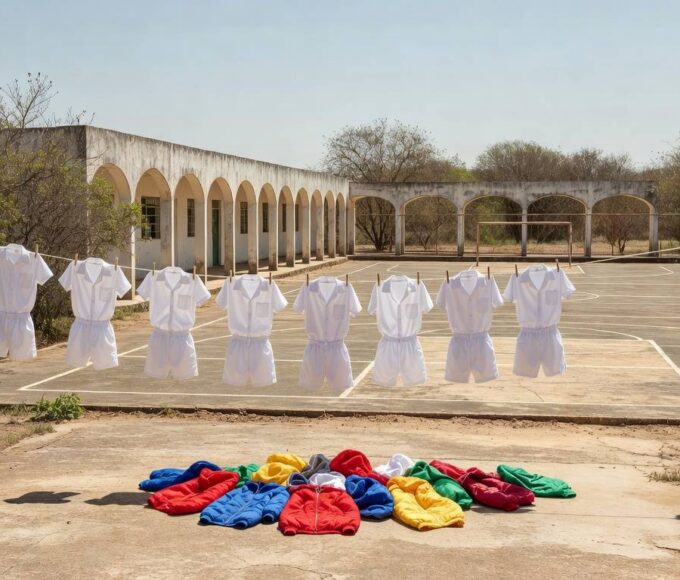 Pátio de escola no Itapoã com uniformes e casacos coloridos, representando punição por vestimenta inadequada em CED 01.