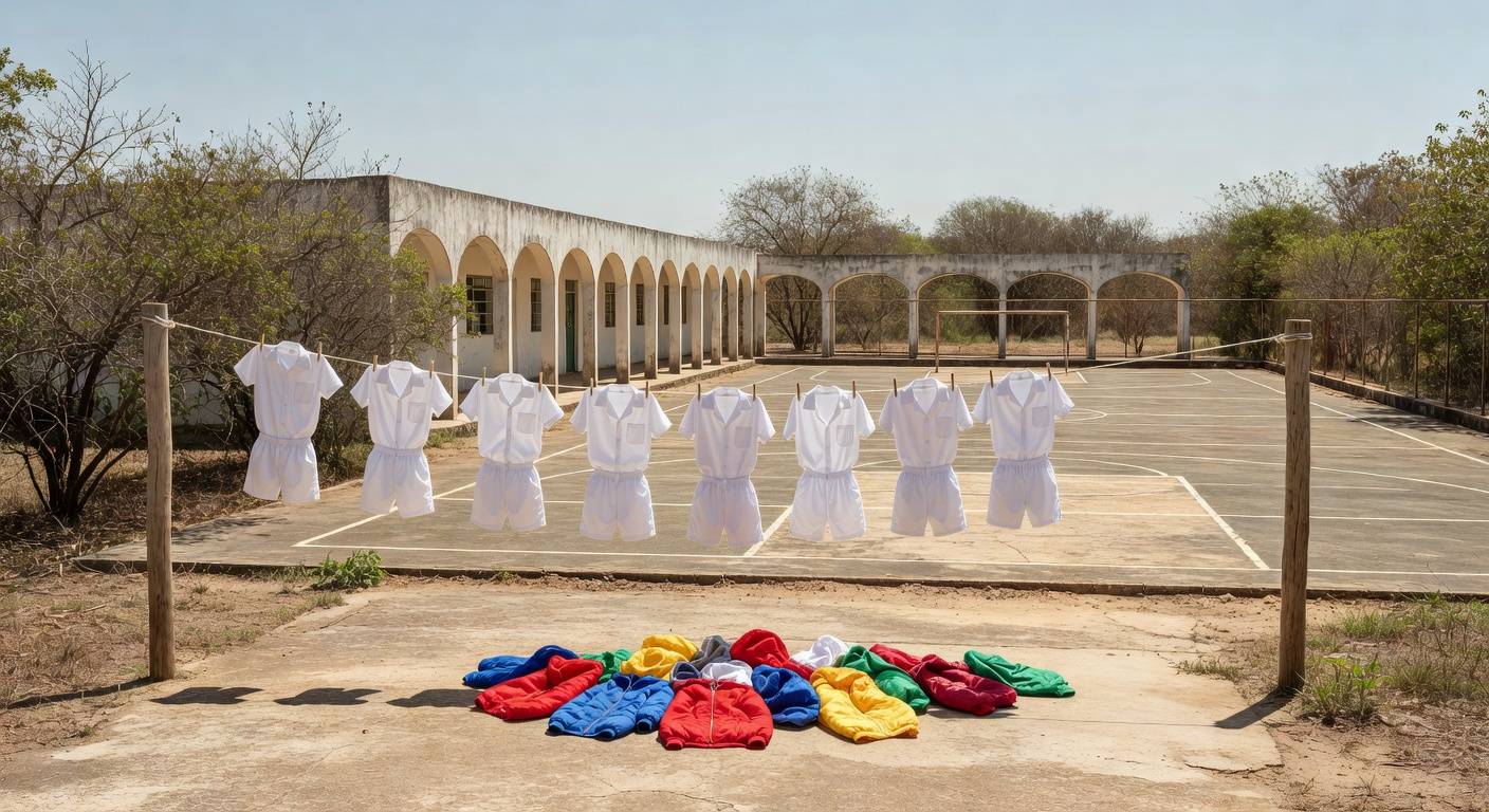 Pátio de escola no Itapoã com uniformes e casacos coloridos, representando punição por vestimenta inadequada em CED 01.