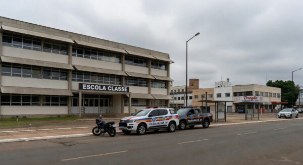 Escola pública em Brasília com viatura da Polícia Militar do DF estacionada na frente, representando afastamento de agentes por abuso.