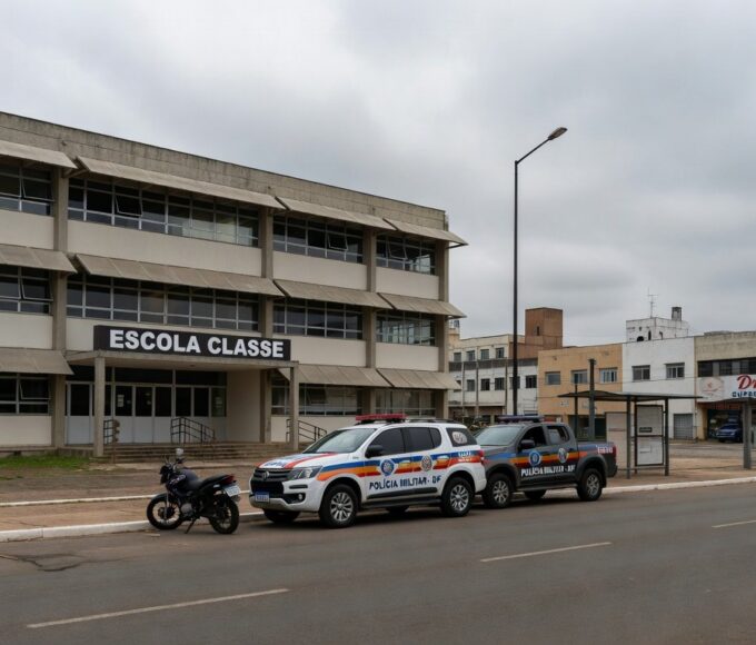 Escola pública em Brasília com viatura da Polícia Militar do DF estacionada na frente, representando afastamento de agentes por abuso.