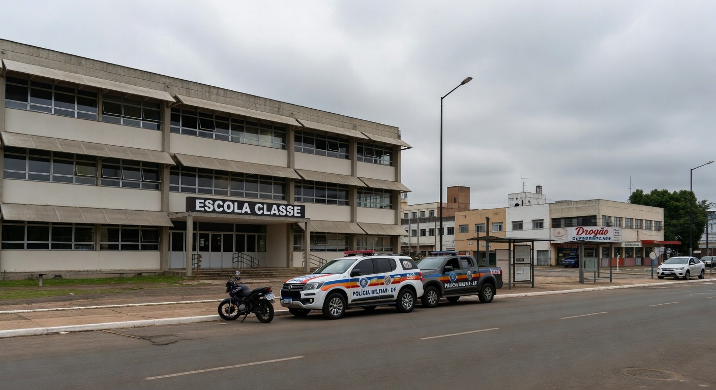 Escola pública em Brasília com viatura da Polícia Militar do DF estacionada na frente, representando afastamento de agentes por abuso.