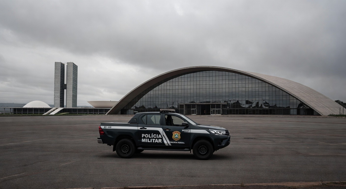 Viaturas da Polícia Legislativa em rua de Brasília com cena de crime isolada, destacando violência no DF.