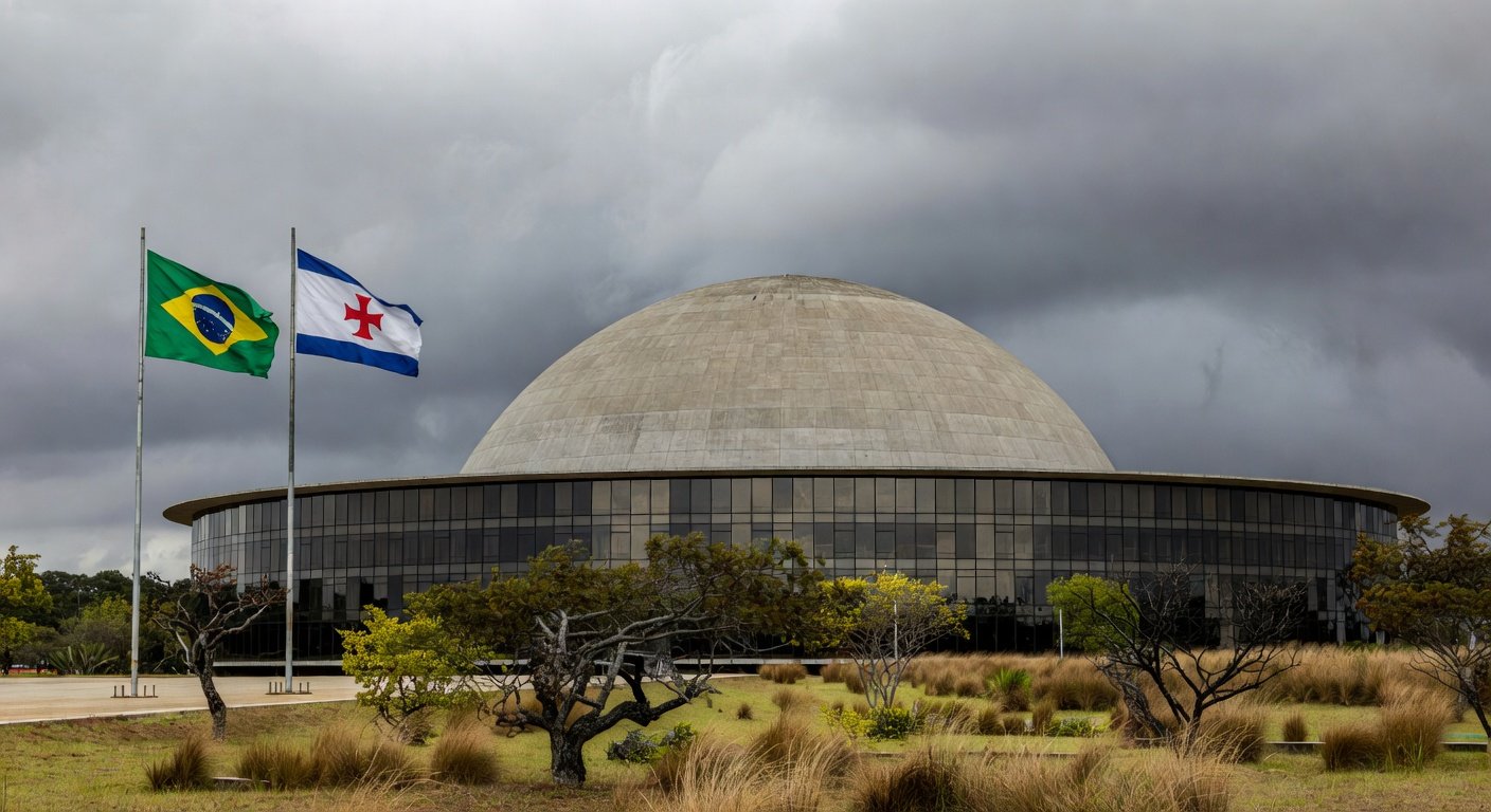 Congresso Nacional em Brasília com documentos acumulados, representando atrasos na regulamentação de lei antissupremacista e falhas no Distrito Federal.