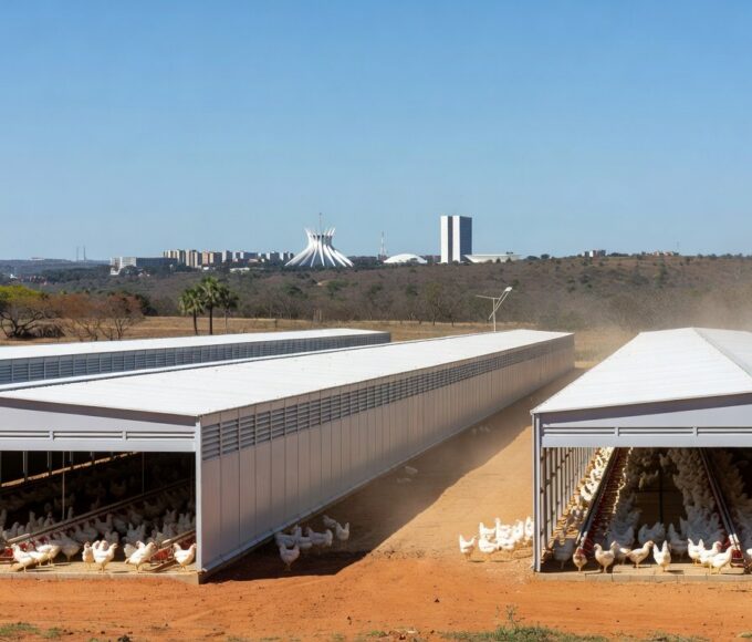 Granja de avicultura no DF com aviários e paisagem de Brasília, representando homenagem ao apoio ao setor.
