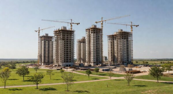 Complexo residencial Reserva do Parque em Brasília, com prédios de apartamentos em construção e áreas verdes, investimento de R$ 1 bilhão pelo GDF.