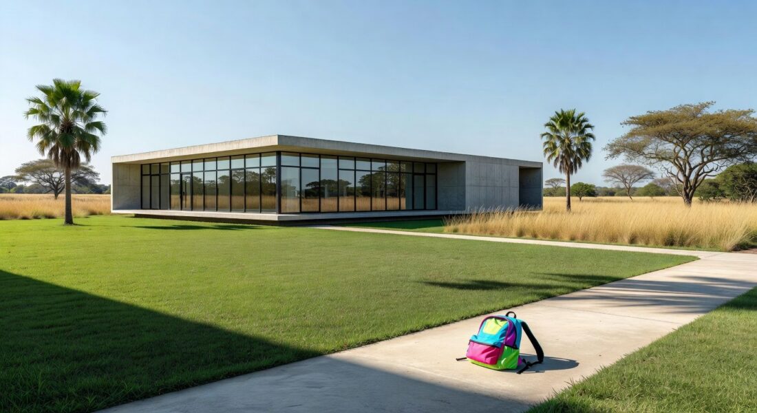 Fachada de creche em Brasília com mochila infantil no chão, representando caso de maus-tratos flagrado no DF.
