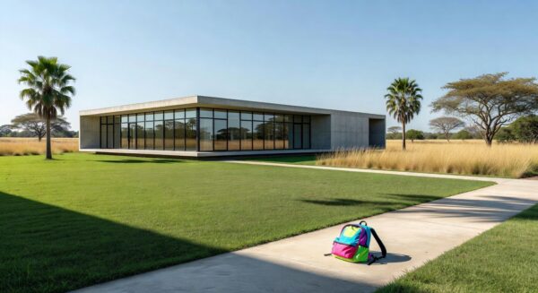 Fachada de creche em Brasília com mochila infantil no chão, representando caso de maus-tratos flagrado no DF.