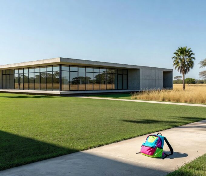 Fachada de creche em Brasília com mochila infantil no chão, representando caso de maus-tratos flagrado no DF.