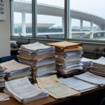 Mesa com pilhas de documentos burocráticos e relógio indicando prazos apertados para inscrições no conselho de consumidores da Caesb em Brasília.