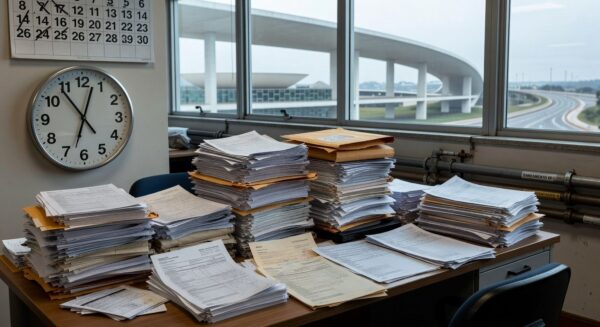 Mesa com pilhas de documentos burocráticos e relógio indicando prazos apertados para inscrições no conselho de consumidores da Caesb em Brasília.