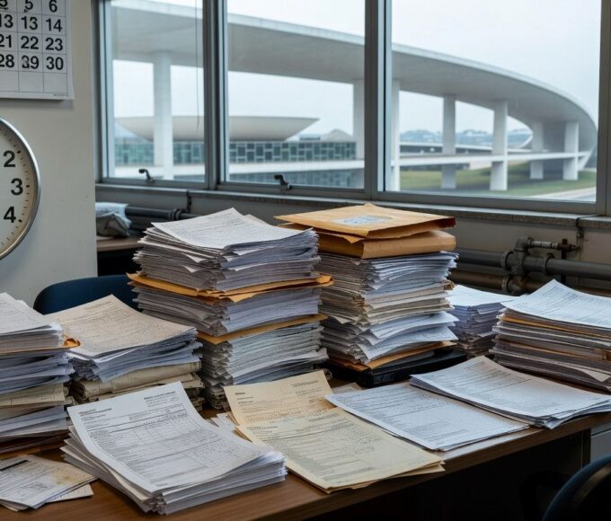 Mesa com pilhas de documentos burocráticos e relógio indicando prazos apertados para inscrições no conselho de consumidores da Caesb em Brasília.