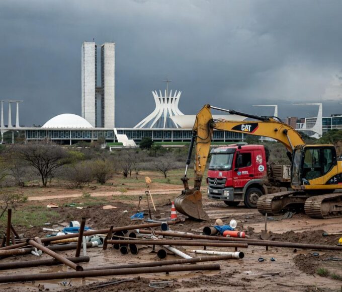 Obras de expansão de saneamento em Brasília em meio a crise no DF, com tubulações e escavações urbanas.