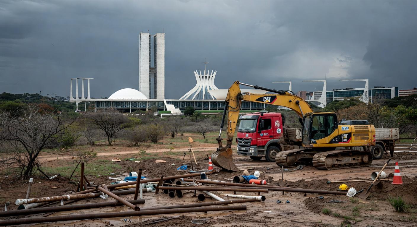 Obras de expansão de saneamento em Brasília em meio a crise no DF, com tubulações e escavações urbanas.