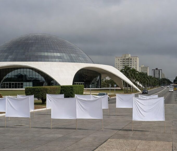 Edifício da CLDF em Brasília com faixas roxas simbolizando superação e falhas no combate à violência contra mulheres.