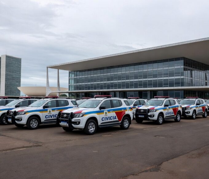 Fachada da CLDF com viaturas da Polícia Civil do DF, representando apoio a projeto que ameaça equilíbrio fiscal.