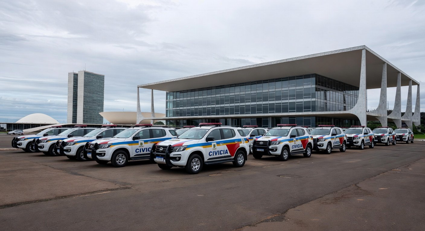 Fachada da CLDF com viaturas da Polícia Civil do DF, representando apoio a projeto que ameaça equilíbrio fiscal.