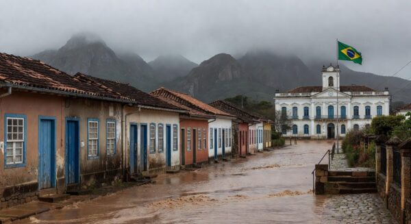 Paisagem de enchentes em Minas Gerais com casas inundadas, ilustrando auxílio governamental a vítimas.