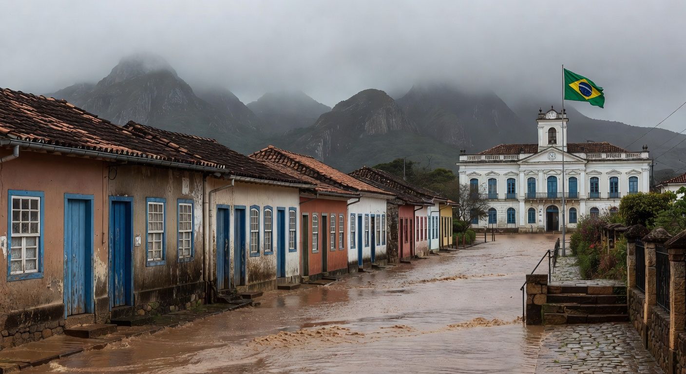 Paisagem de enchentes em Minas Gerais com casas inundadas, ilustrando auxílio governamental a vítimas.