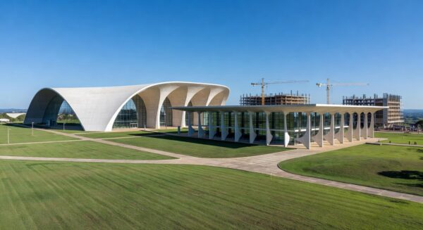 Campus universitário moderno em Brasília, representando alta de 77% em matrículas no ensino superior pela expansão da UnDF.