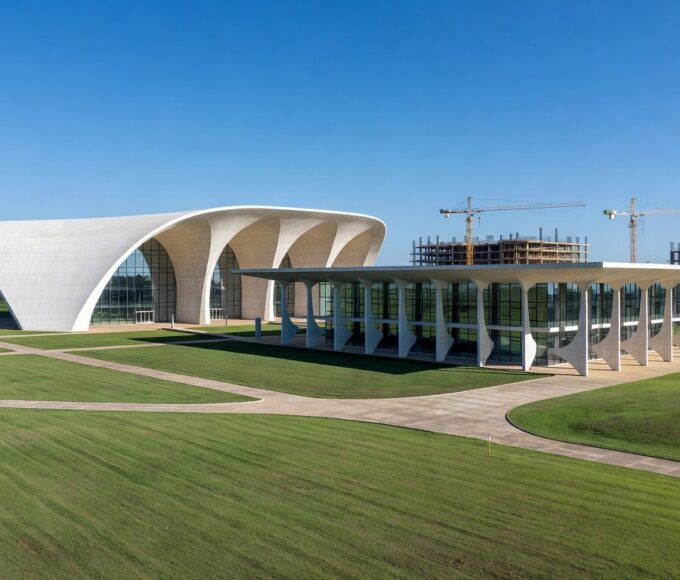 Campus universitário moderno em Brasília, representando alta de 77% em matrículas no ensino superior pela expansão da UnDF.