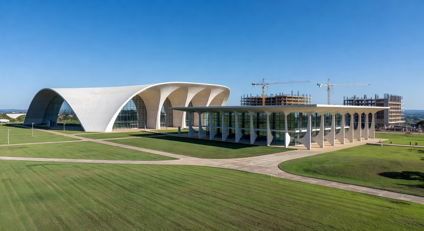 Campus universitário moderno em Brasília, representando alta de 77% em matrículas no ensino superior pela expansão da UnDF.