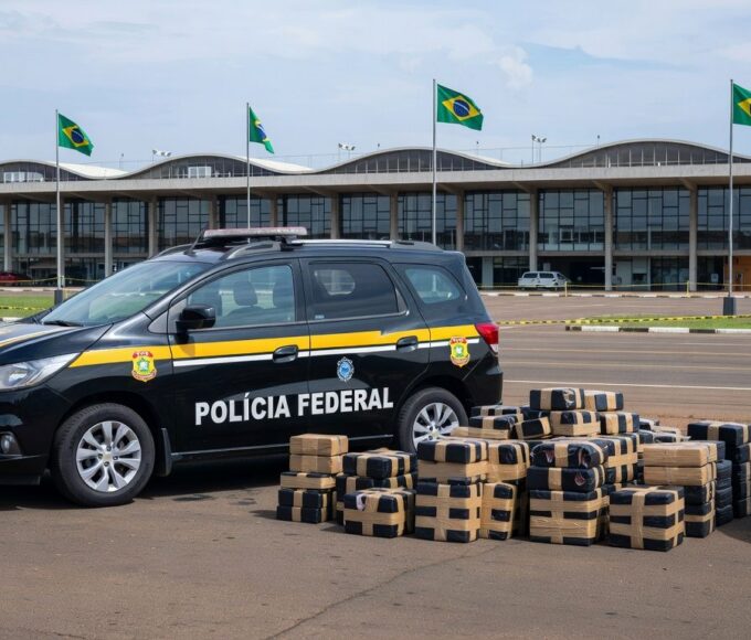 Viaturas da Polícia Federal no Aeroporto de Brasília durante operação contra tráfico de metanfetamina.