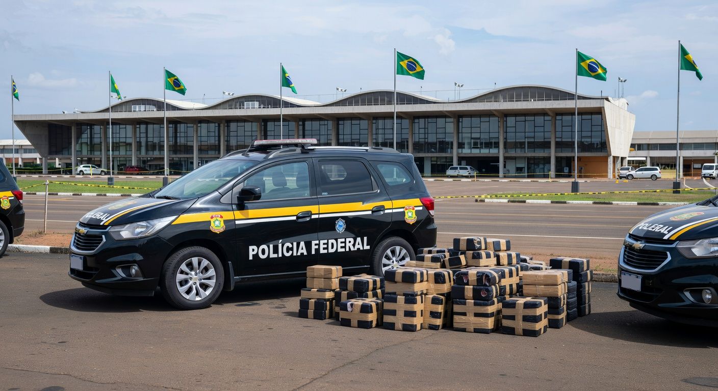 Viaturas da Polícia Federal no Aeroporto de Brasília durante operação contra tráfico de metanfetamina.