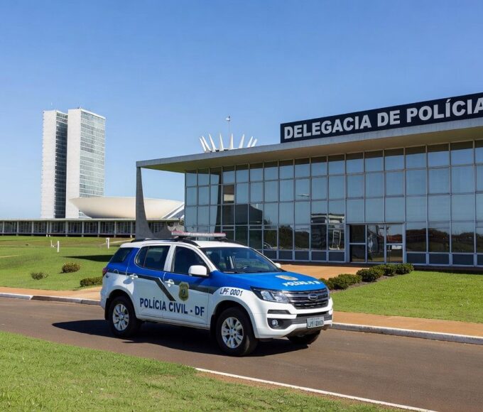 Viatura da Polícia Civil do DF em frente a delegacia em Brasília, representando prisão por crime grave.