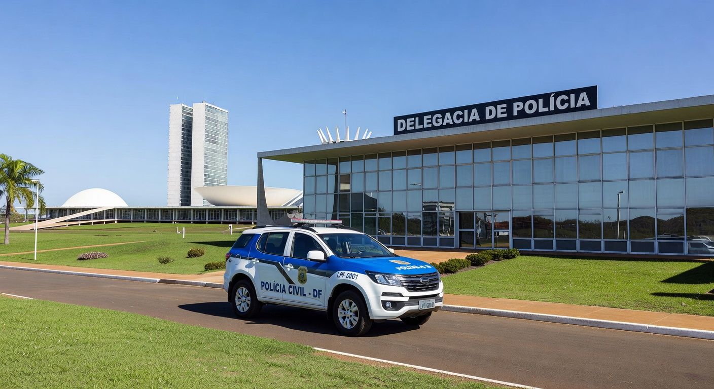 Viatura da Polícia Civil do DF em frente a delegacia em Brasília, representando prisão por crime grave.