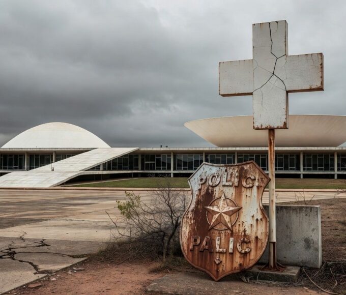 Hospital público deteriorado e viatura policial danificada em Brasília, representando falhas graves em saúde e segurança no DF.