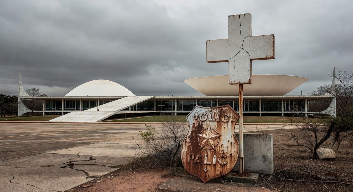 Hospital público deteriorado e viatura policial danificada em Brasília, representando falhas graves em saúde e segurança no DF.