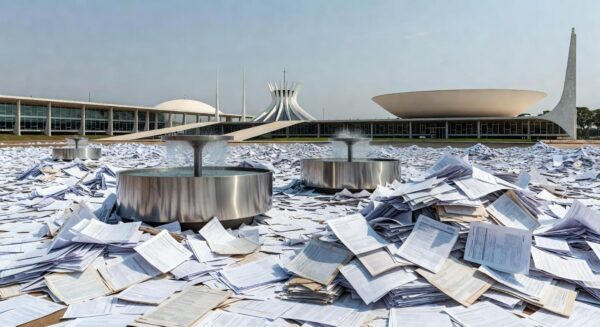 Bebedouro em evento em Brasília, com documentos burocráticos, ilustrando lei aprovada pela CLDF e críticas por custos excessivos.