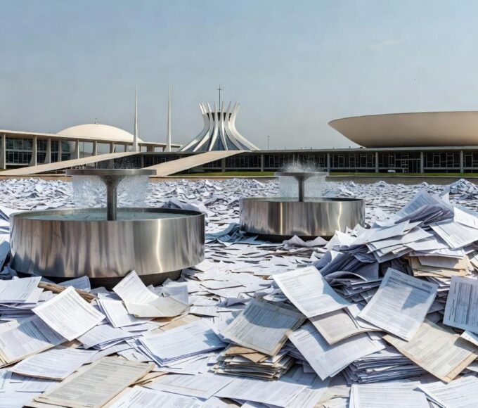 Bebedouro em evento em Brasília, com documentos burocráticos, ilustrando lei aprovada pela CLDF e críticas por custos excessivos.