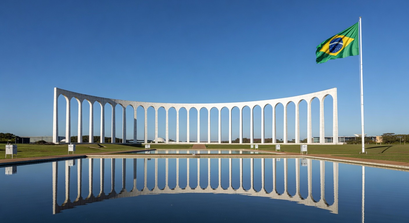 Palácio Itamaraty em Brasília com bandeira brasileira e símbolos eleitorais, representando alerta sobre ingerência nas eleições.