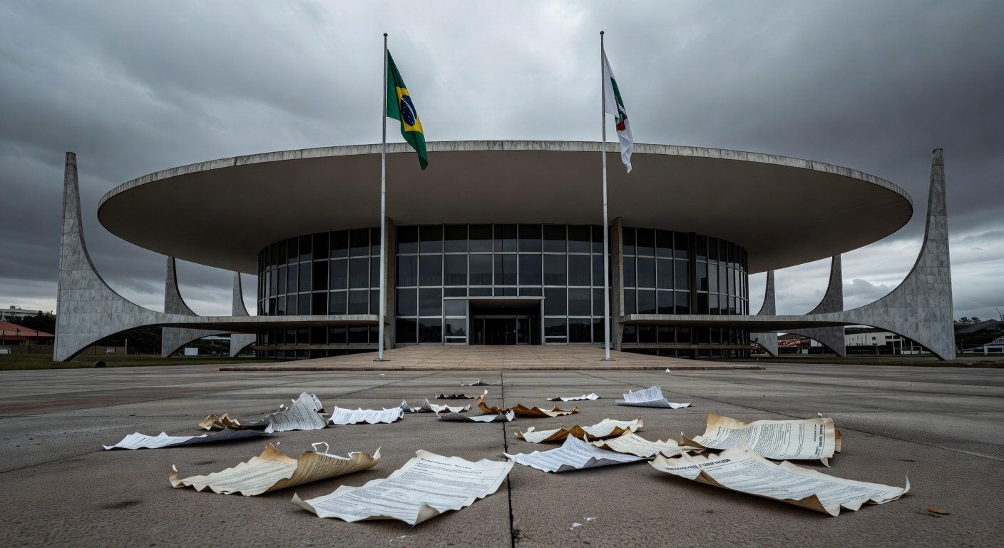 Fachada da Câmara Legislativa do DF com símbolos de seguros ignorados, em tom negativo.