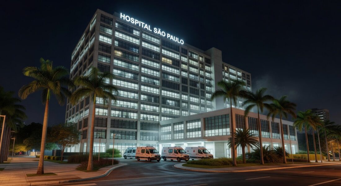 Fachada de hospital brasileiro moderno, ambientado em São Paulo, simbolizando internação por broncopneumonia bacteriana.