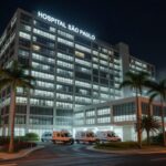 Fachada de hospital brasileiro moderno, ambientado em São Paulo, simbolizando internação por broncopneumonia bacteriana.