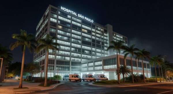 Fachada de hospital brasileiro moderno, ambientado em São Paulo, simbolizando internação por broncopneumonia bacteriana.