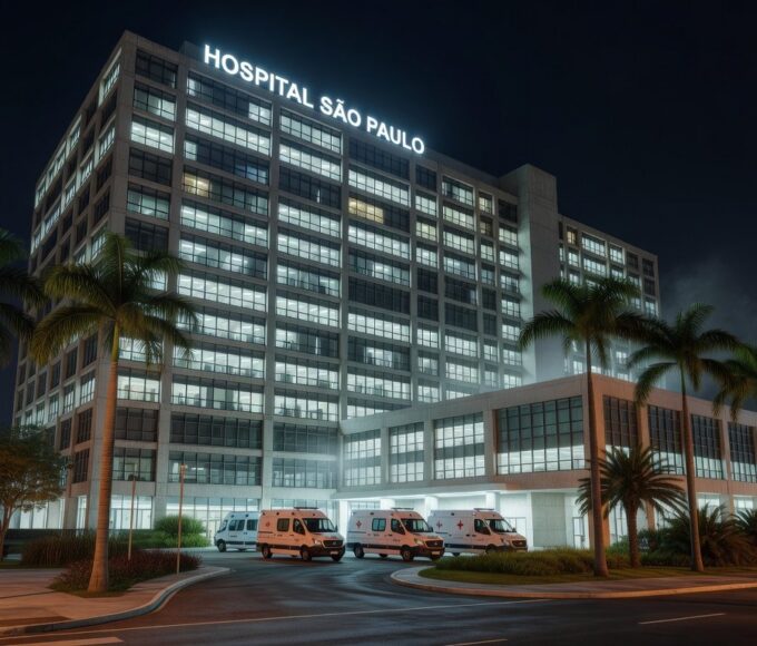 Fachada de hospital brasileiro moderno, ambientado em São Paulo, simbolizando internação por broncopneumonia bacteriana.