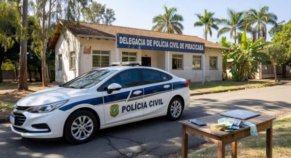 Viatura da polícia em Piracicaba com celular apreendido de suspeito de ataques virtuais à primeira-dama do DF.