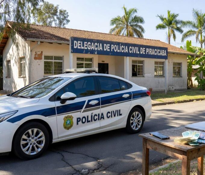 Viatura da polícia em Piracicaba com celular apreendido de suspeito de ataques virtuais à primeira-dama do DF.