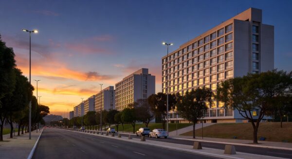 Vista dos setores hoteleiros de Brasília com viaturas policiais e medidas de segurança ampliadas.
