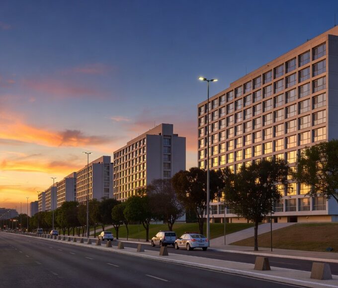 Vista dos setores hoteleiros de Brasília com viaturas policiais e medidas de segurança ampliadas.