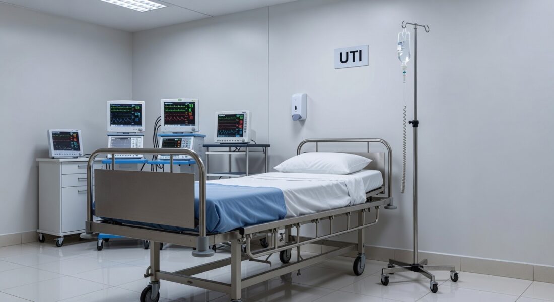 Quarto de UTI em hospital brasileiro com equipamentos médicos e cama vazia, representando boletim de saúde.
