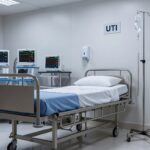 Quarto de UTI em hospital brasileiro com equipamentos médicos e cama vazia, representando boletim de saúde.